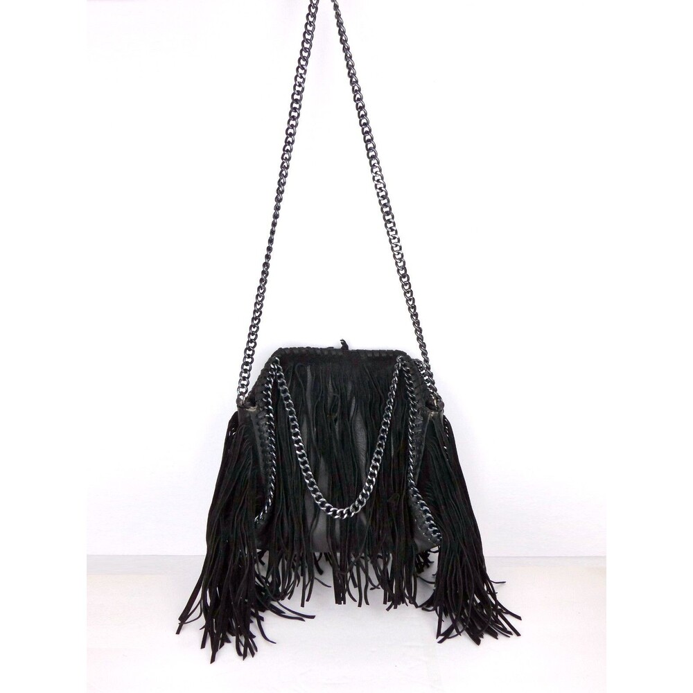Steve Madden Fringe Chain Satchel Shoulder Bag Black Boho Festival Purse Rock - Picture 3 of 12